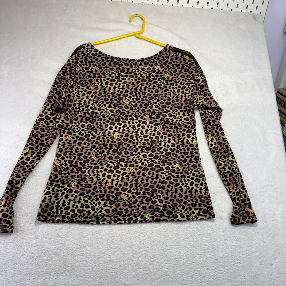 Betsey Johnson Size M Leopard Floral Top Y2K Indie Stretch Blouse - Picture 7 of 7